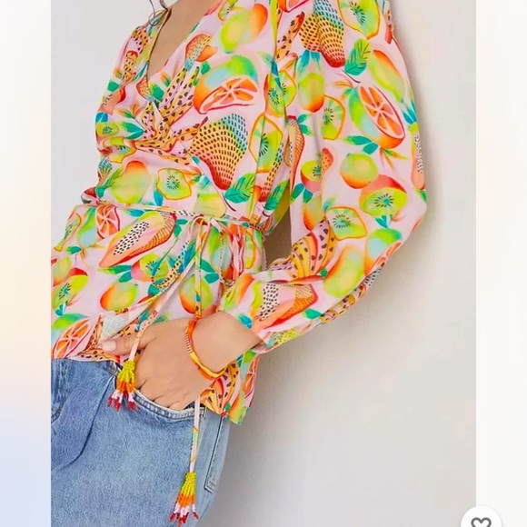 Anthropologie NWT Farm Rio Rainforest Tropical Fruits Wrap Blouse Size S. - Picture 3 of 14